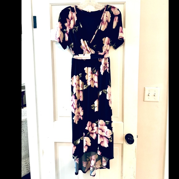 PinkBlush Navy Floral High-Lo Maternity Wrap Dress - Picture 2 of 5